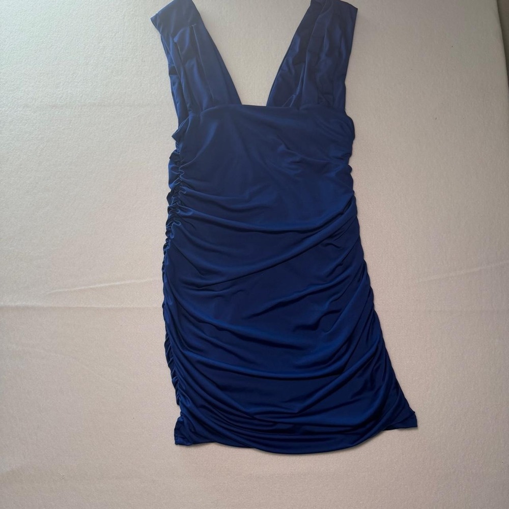 Navy Blue Satin Ruched Mini Dress V-Neck Bodycon Party Cocktail Sleeveless M